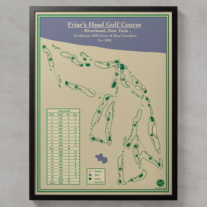 A framed golf course map print for Friar's Head Golf Course in Riverhead, New York