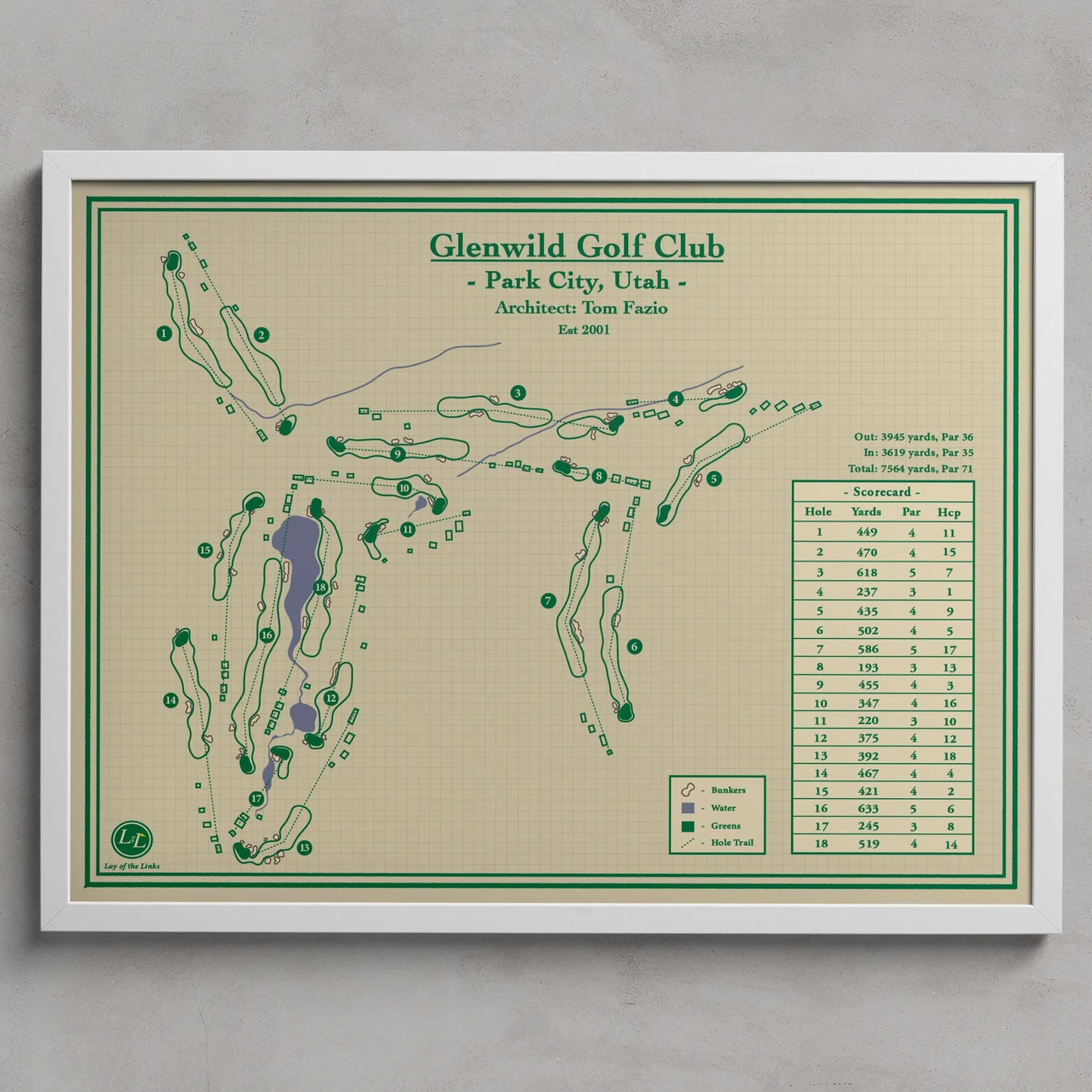 Framed map of Glenwild Golf Club in Park City, Utah on a beige background