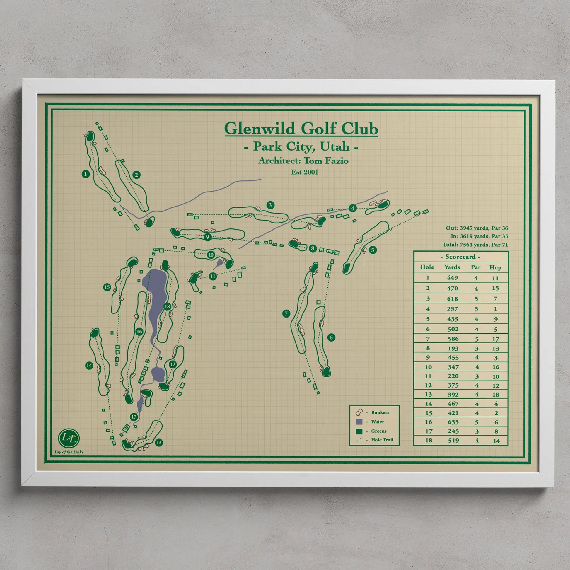 Framed map of Glenwild Golf Club in Park City, Utah on a beige background