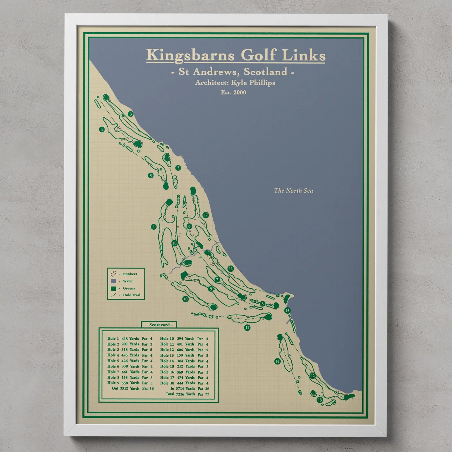 A framed golf map print of Kingsbarns Golf Links in St Andrews, Scotland