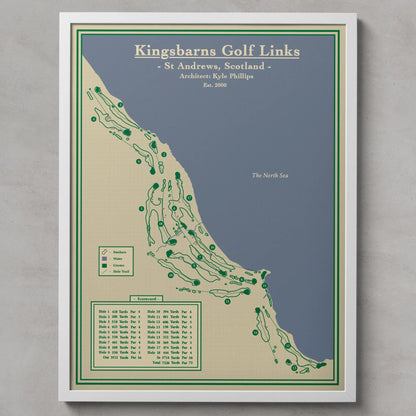 A framed golf map print of Kingsbarns Golf Links in St Andrews, Scotland