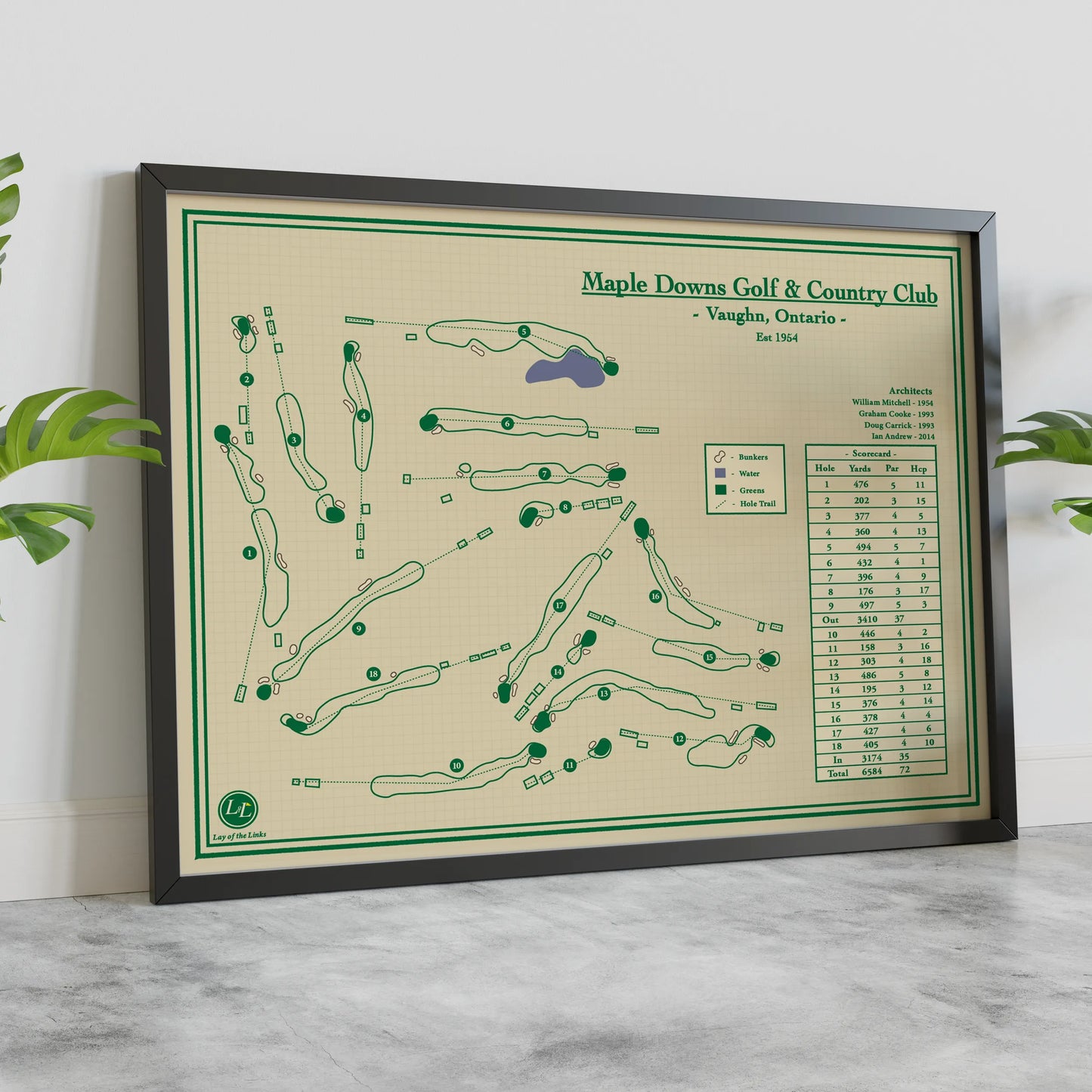Framed golf course map of Maple Downs Golf & Country Club