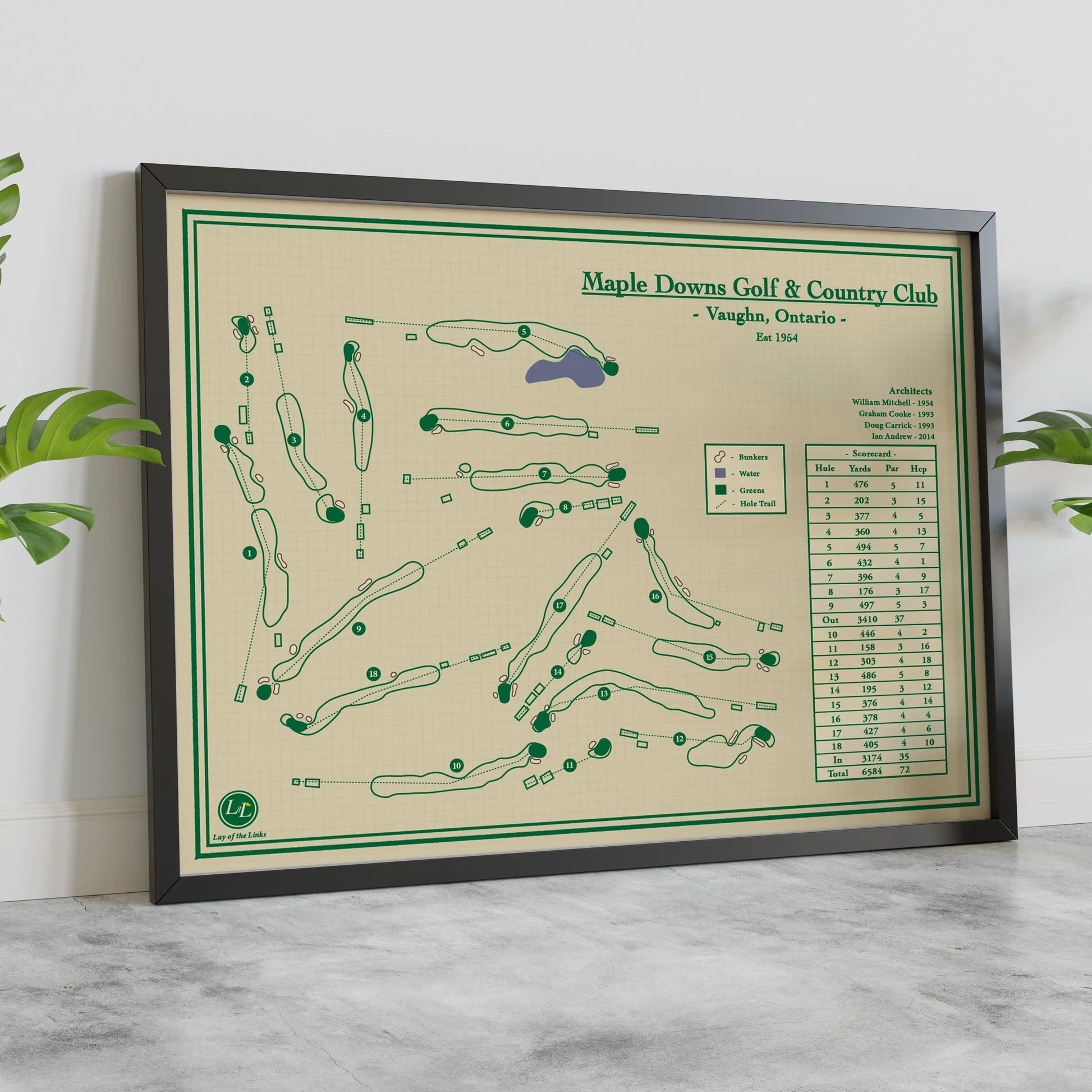 Framed golf course map of Maple Downs Golf & Country Club