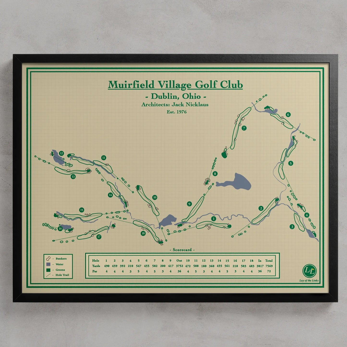 A framed golf course map print for Muirfield Village Golf Club in Dublin, Ohio