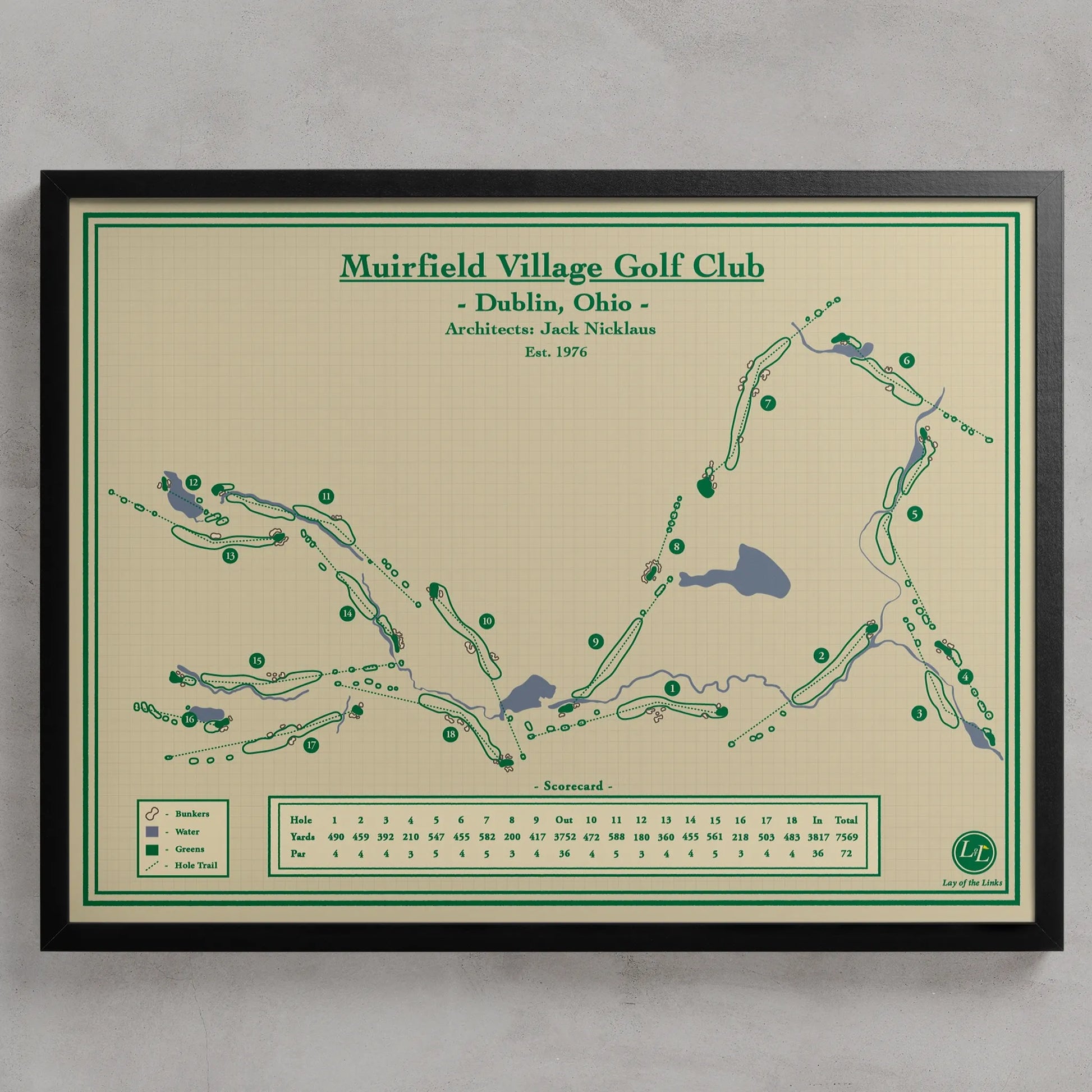 A framed golf course map print for Muirfield Village Golf Club in Dublin, Ohio