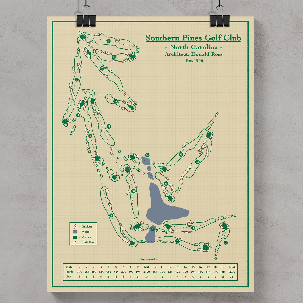 A vintage-style golf course map poster for Southern Pines Golf Club, North Carolina