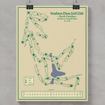 A vintage-style golf course map poster for Southern Pines Golf Club, North Carolina