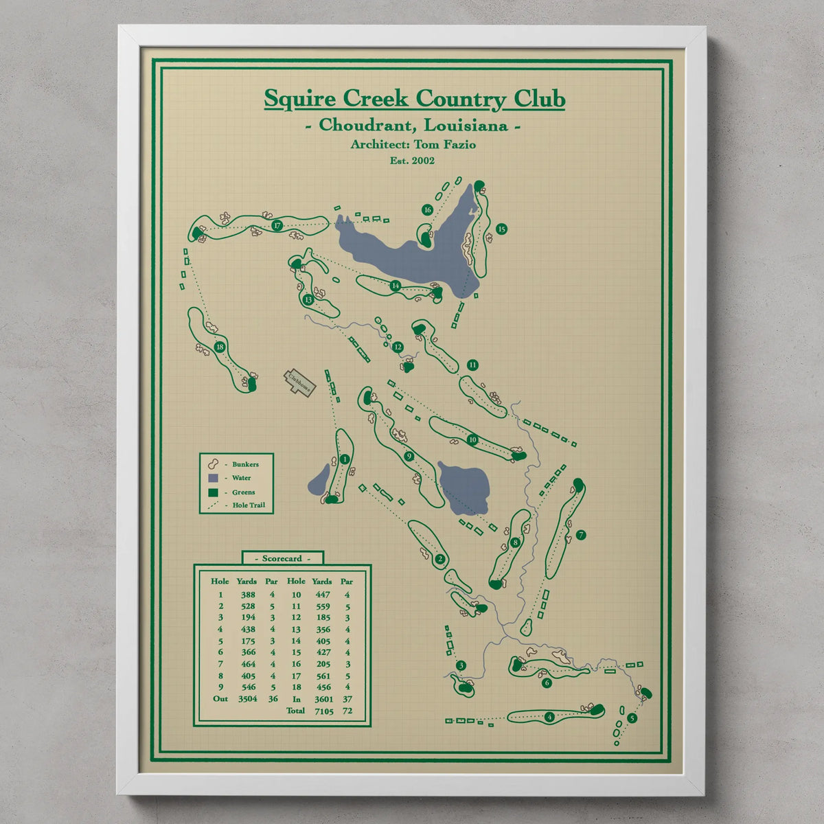 Golf Map Blueprints - Squire Creek Country Club  in Louisiana. Wall Art by Lay of the Links 