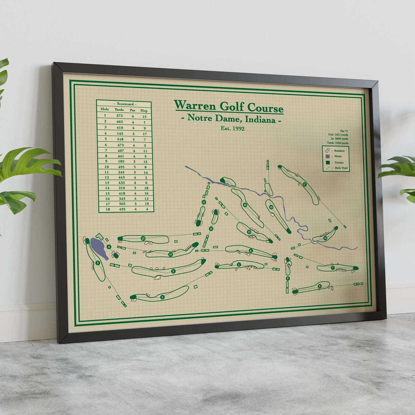 Course map of Warren Golf Course at Notre Dame, Indiana on a light background