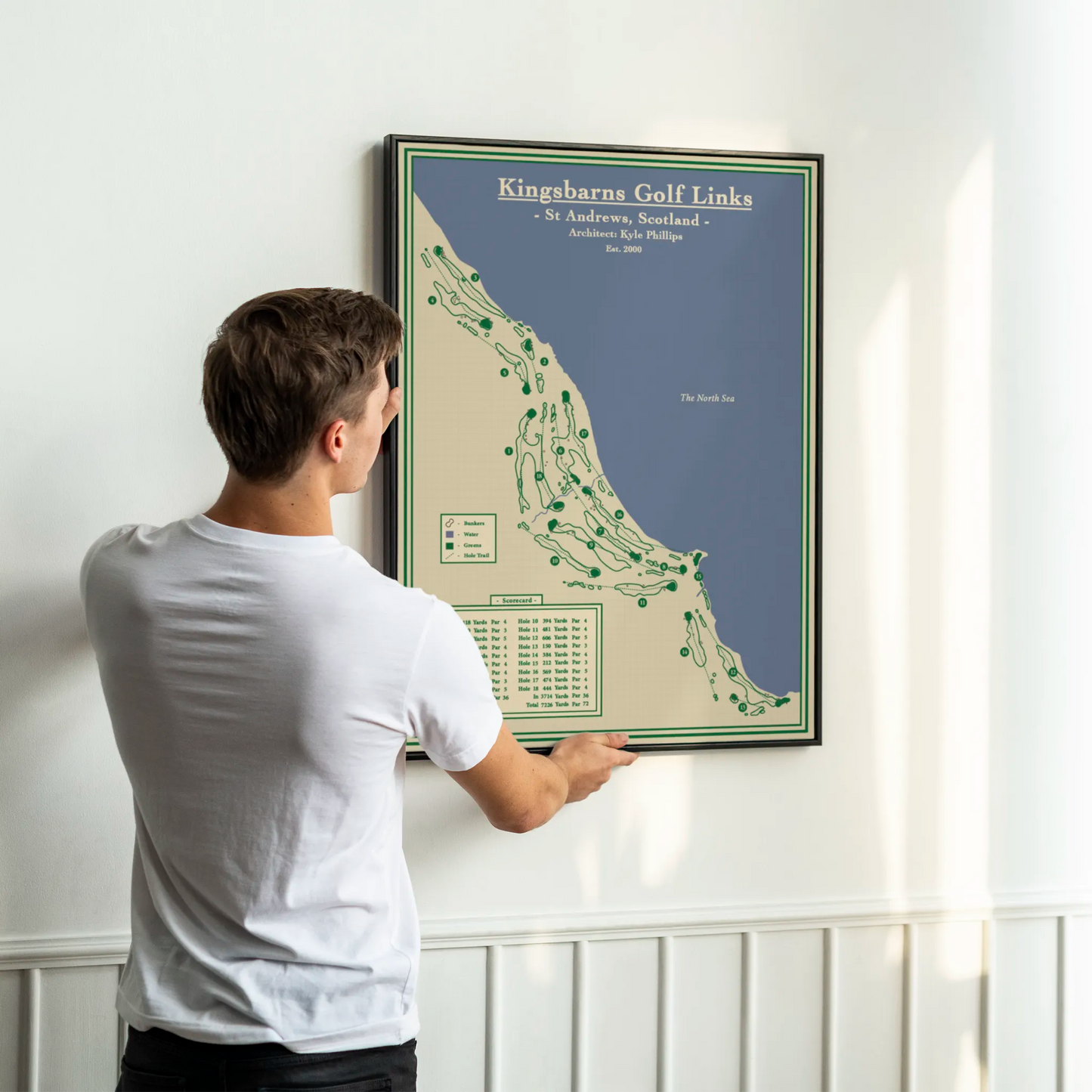 poster course map of Kingsbarna Golf Links with a blue background and beige land area.