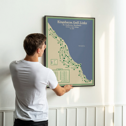 poster course map of Kingsbarna Golf Links with a blue background and beige land area.