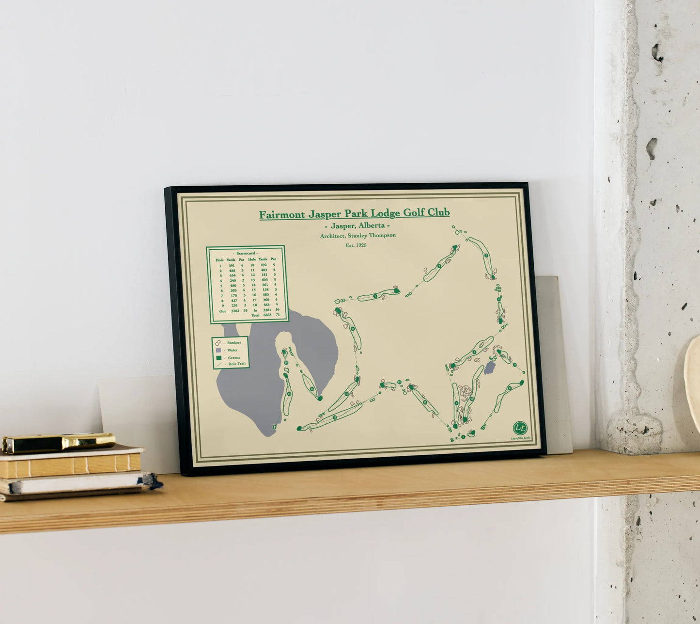 Framed Course map of Fairmont Jasper Park Lodge Golf Club on a wooden shelf.