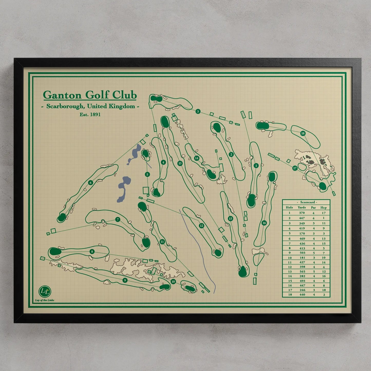 Golf Map Print of Ganton Golf Club in Scarborough, United Kingdom, featuring green course layouts and a green handicap card on a beige background