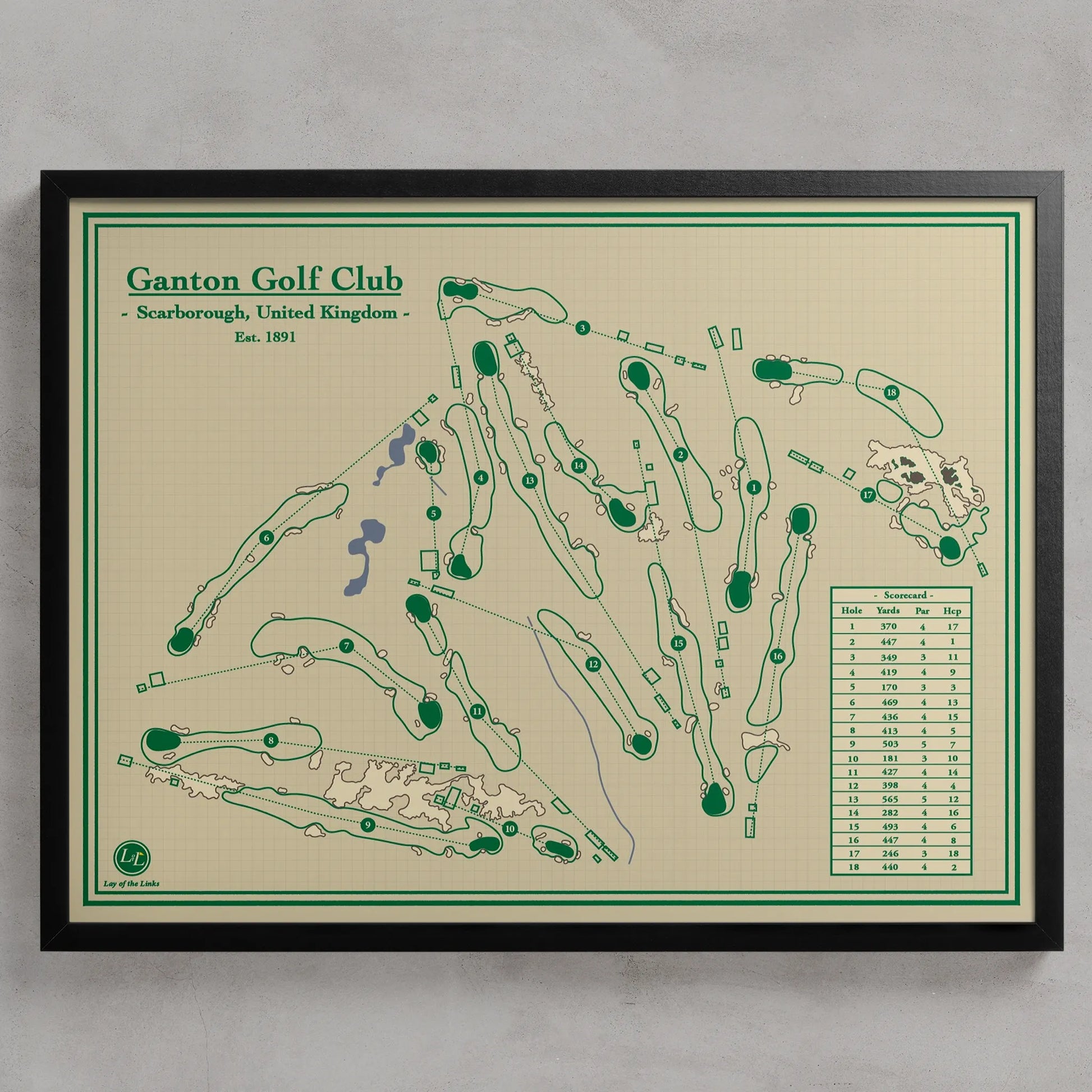 Golf Map Print of Ganton Golf Club in Scarborough, United Kingdom, featuring green course layouts and a green handicap card on a beige background