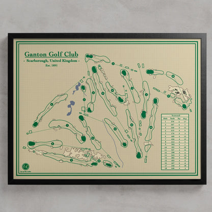 Golf Map Print of Ganton Golf Club in Scarborough, United Kingdom, featuring green course layouts and a green handicap card on a beige background