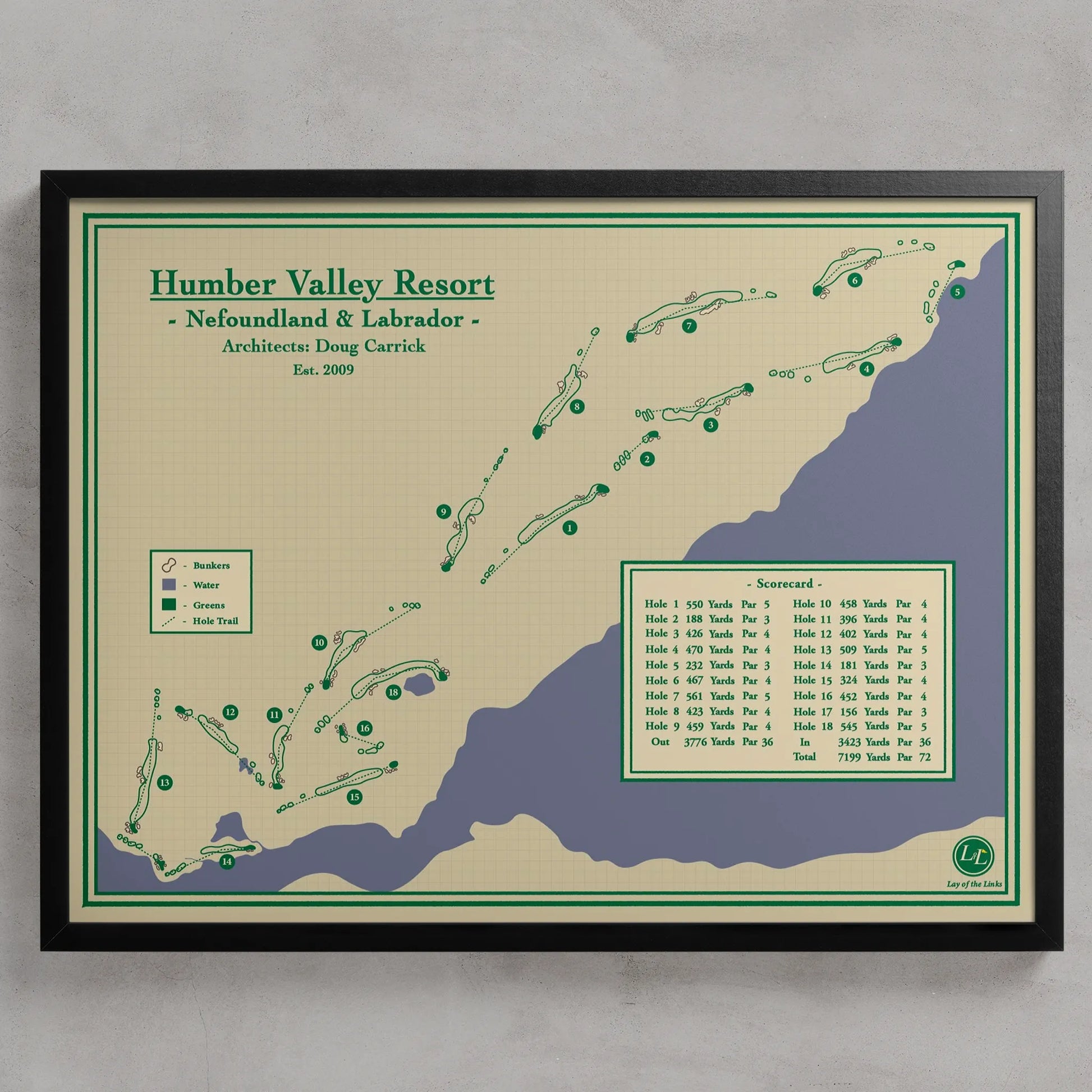 Framed course map of Humber Valley Resort on a gray wall