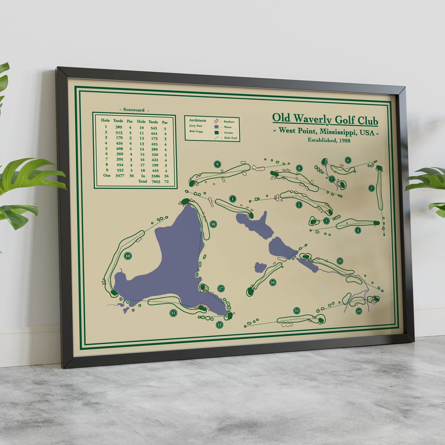 Framed course blueprint map of Old Waverly Golf Club
