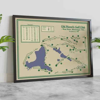 Framed course blueprint map of Old Waverly Golf Club