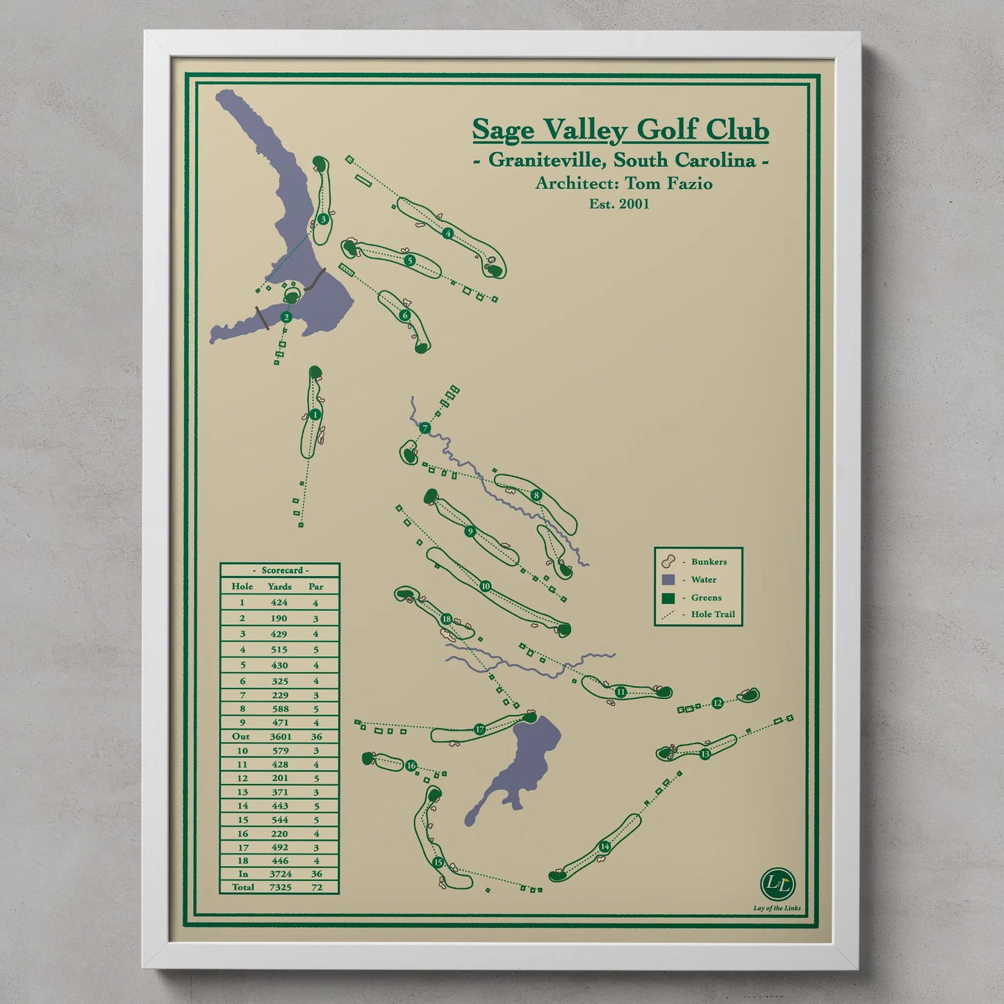 Sage Valley map print in a white frame, featuring the ultra-exclusive private club in Graniteville, South Carolina.