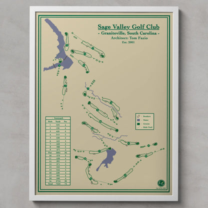 Sage Valley map print in a white frame, featuring the ultra-exclusive private club in Graniteville, South Carolina.