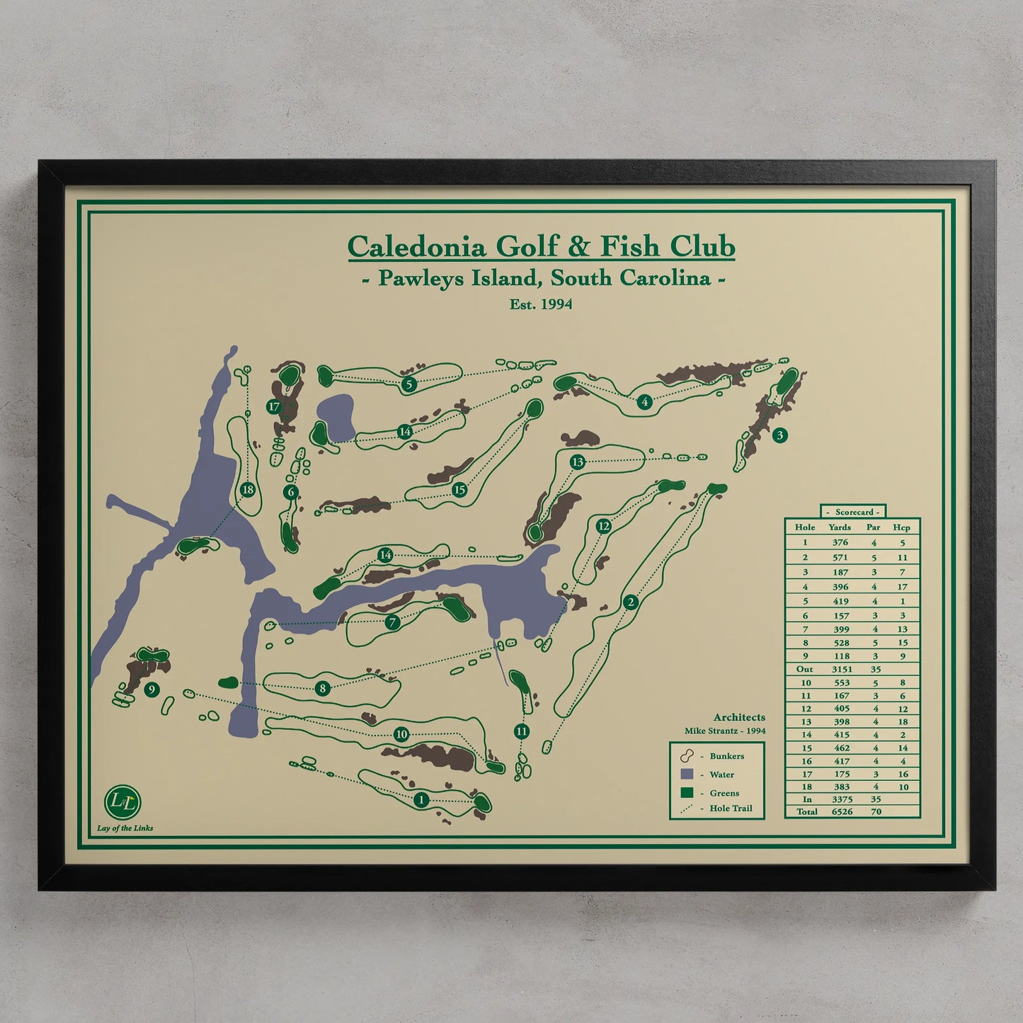 Caledonia Golf & Fish Club course map print on Pawleys Island, South Carolina.