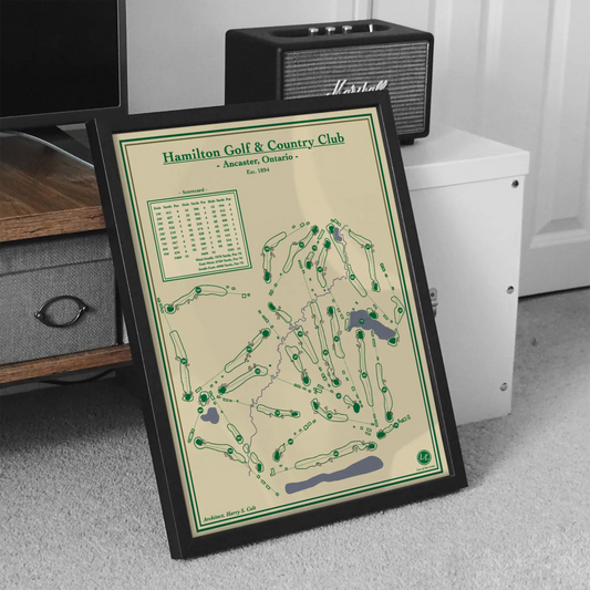 Framed Course map of Hamilton Golf & Country Club on a carpeted floor with a speaker in the background.