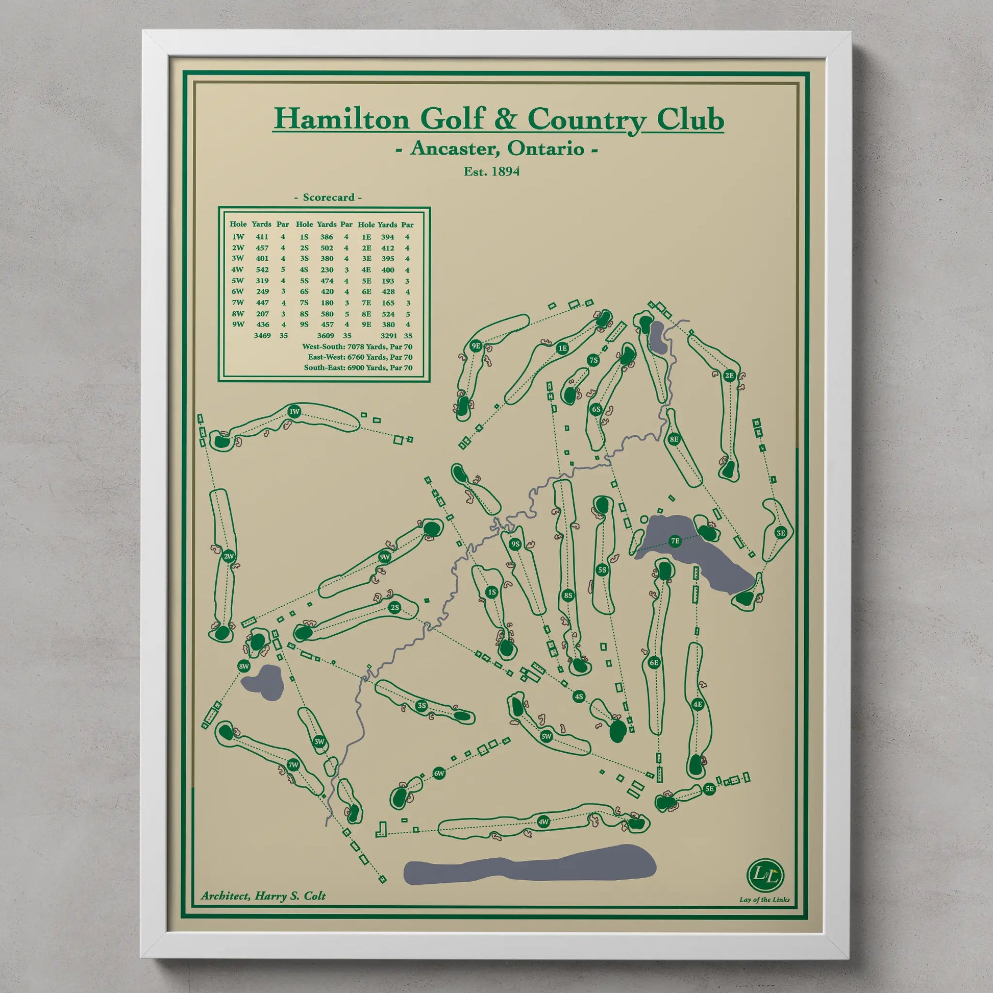 Map of Hamilton Golf & Country Club with green and brown colors on a beige background