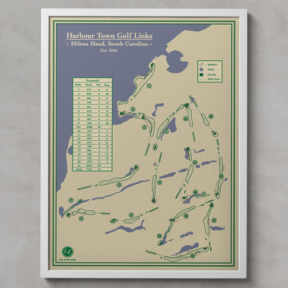 Map of Harbour Town Golf Links on Hilton Head, South Carolina with a beige and blue color scheme.