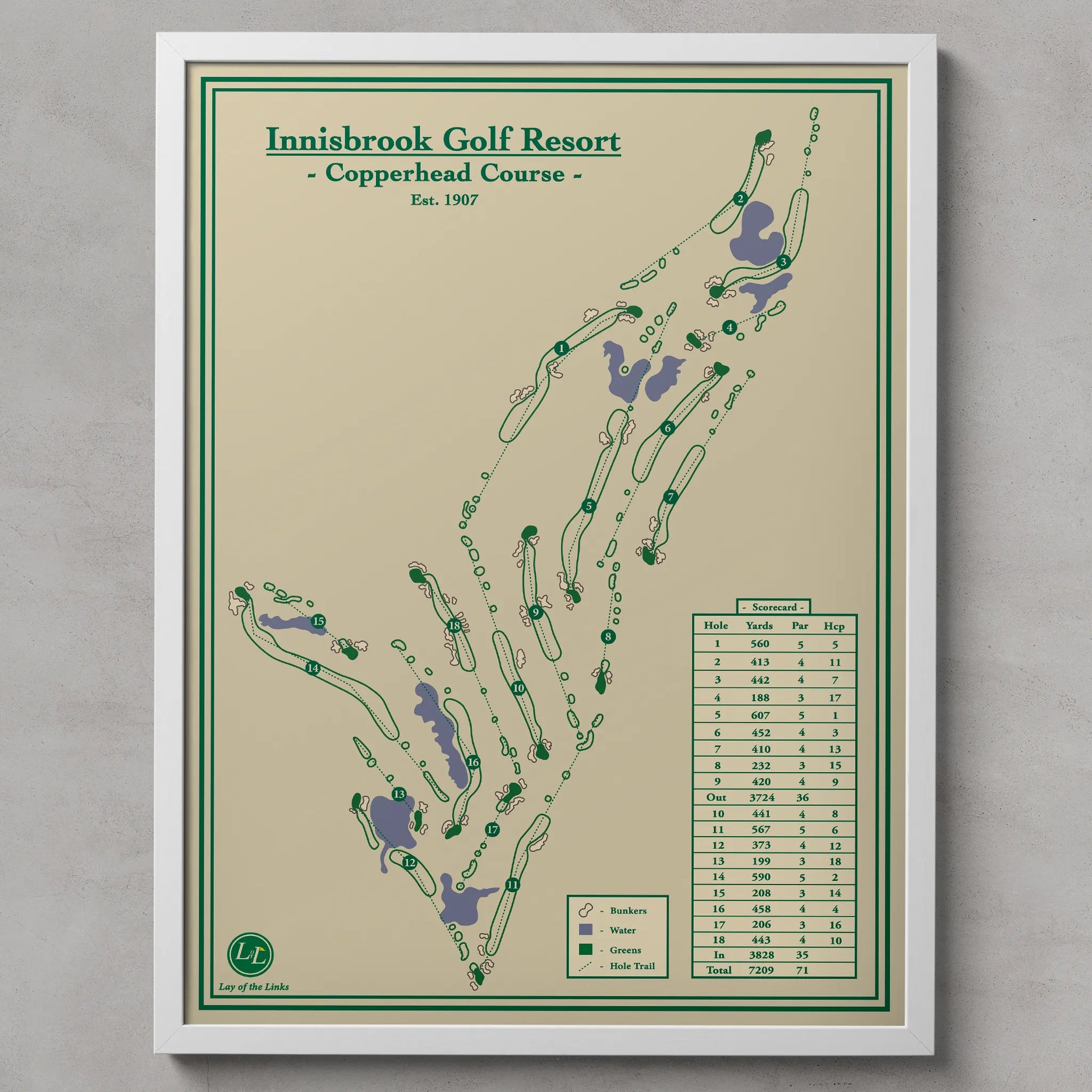 Framed map of Innisbrook Golf Resort's Copperhead Course in a white frame display