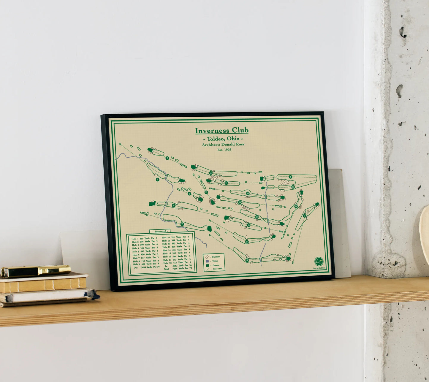A framed golf course map print of Inverness Club located in Ohio, designed by Lay of the Links