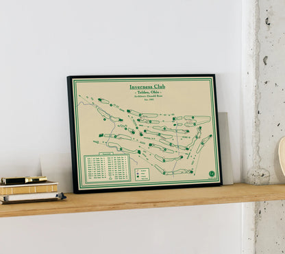 A framed golf course map print of Inverness Club located in Ohio, designed by Lay of the Links