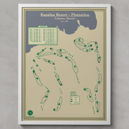 Framed map of Kapalua Resort Plantation in Lahaina, Hawaii on a gray background