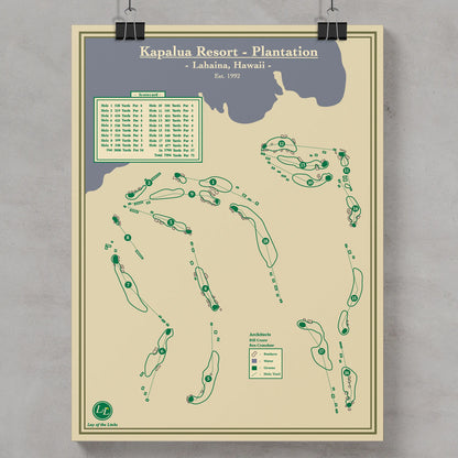 Golf course map of Kapalua Resort Plantation in Lahaina, Hawaii, designed by Lay of the Links