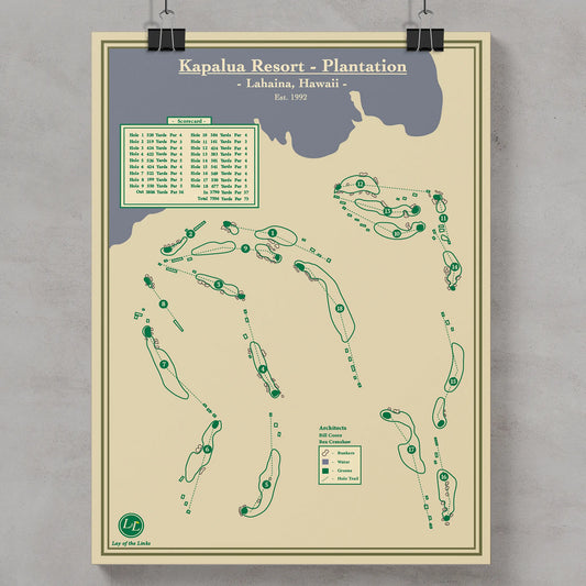 Golf course map of Kapalua Resort Plantation in Lahaina, Hawaii, designed by Lay of the Links
