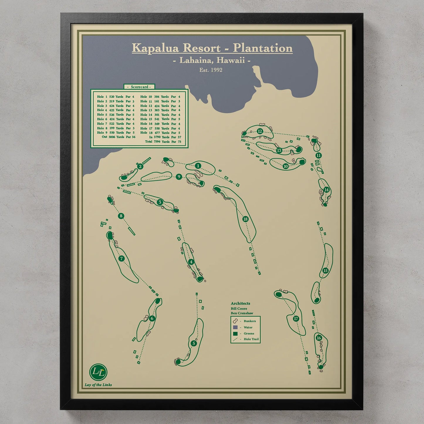 Golf course map print of Kapalua Resort Plantation in Lahaina, Hawaii