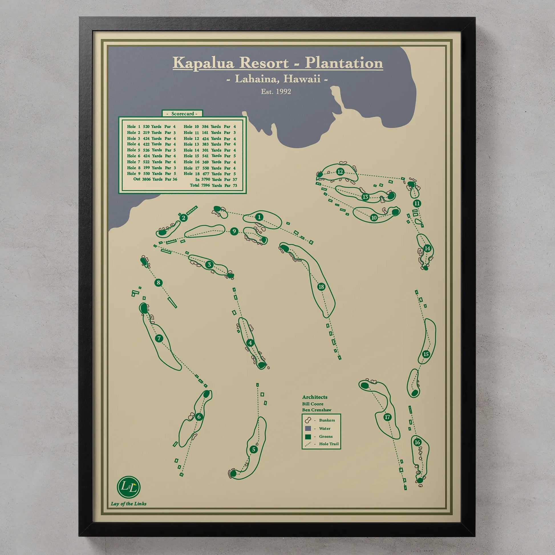 Golf course map print of Kapalua Resort Plantation in Lahaina, Hawaii