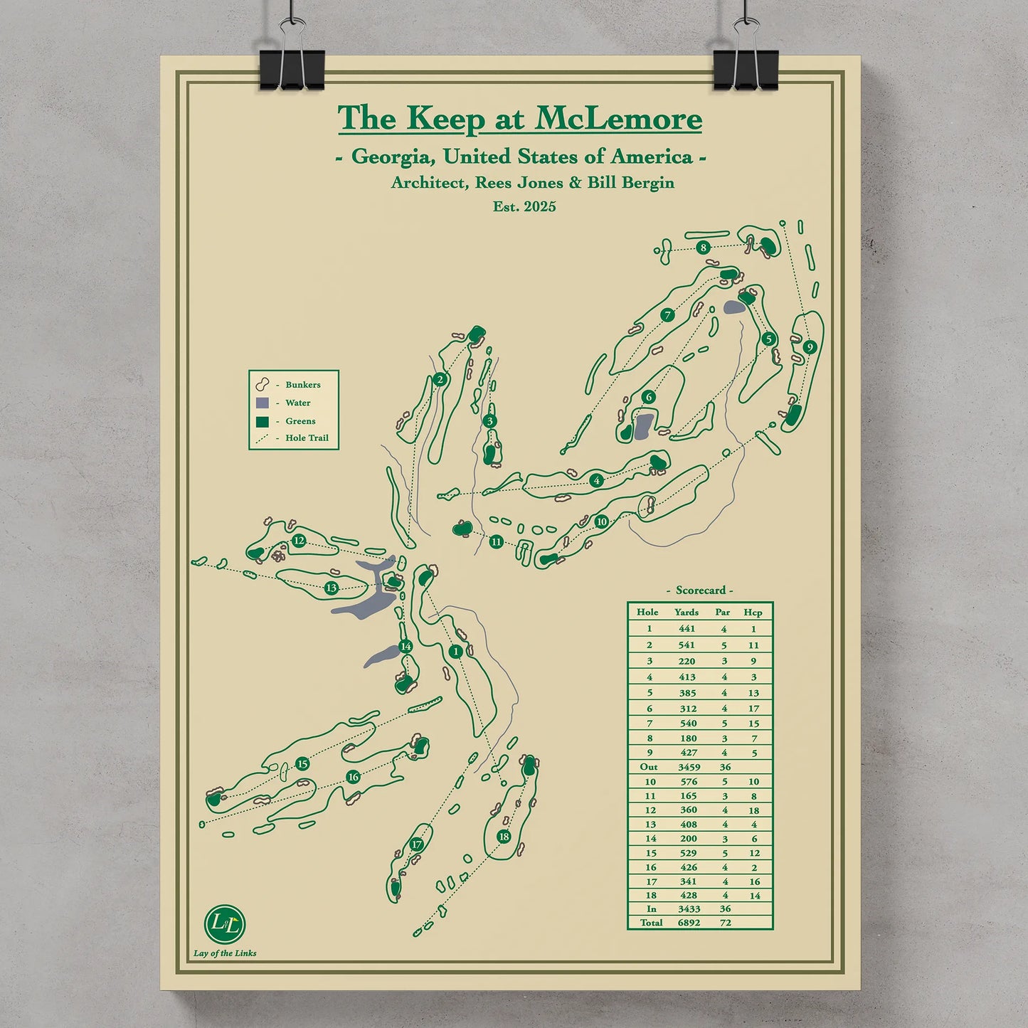 Golf course map print of 'The Keep at McLemore' designed by Lay of the Links golf art studio