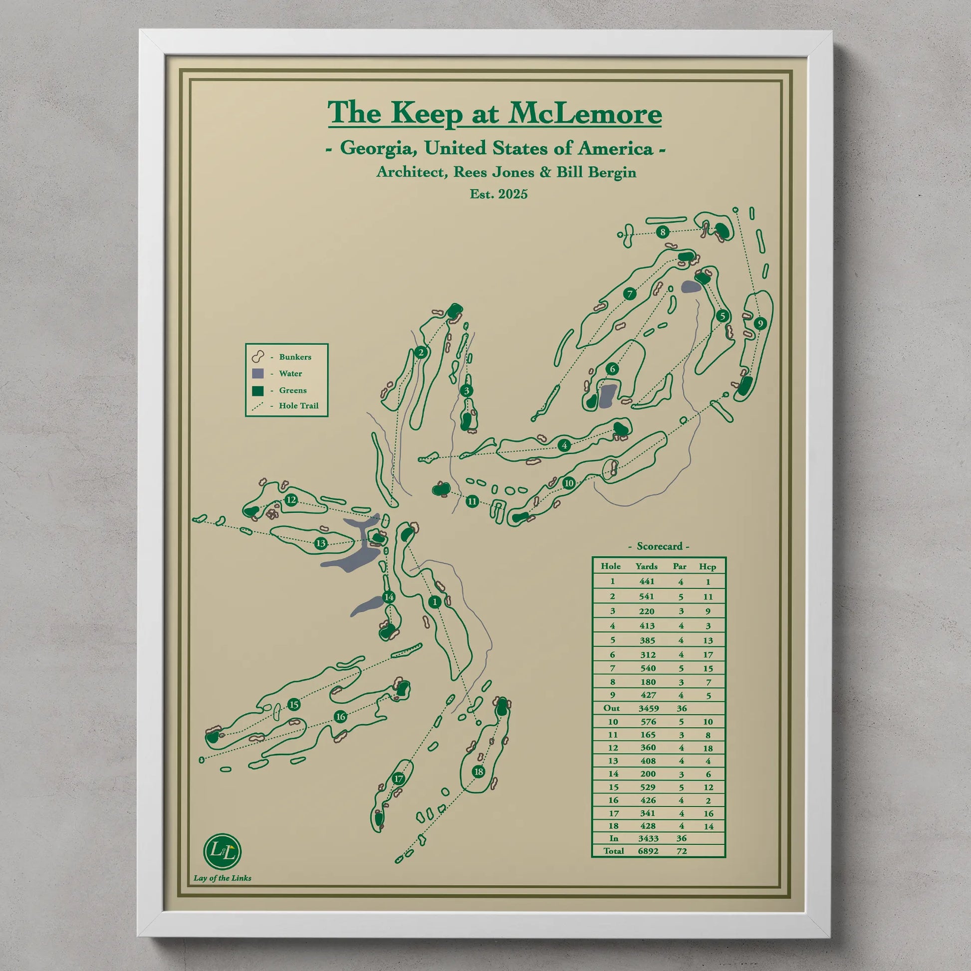 Framed golf course map of The Keep at McLemore with green text on a beige background.