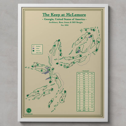 Framed golf course map of The Keep at McLemore with green text on a beige background.