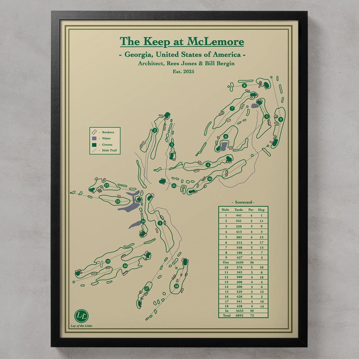 Framed golf course map of 'The Keep at McLemore' with green text on a beige background.