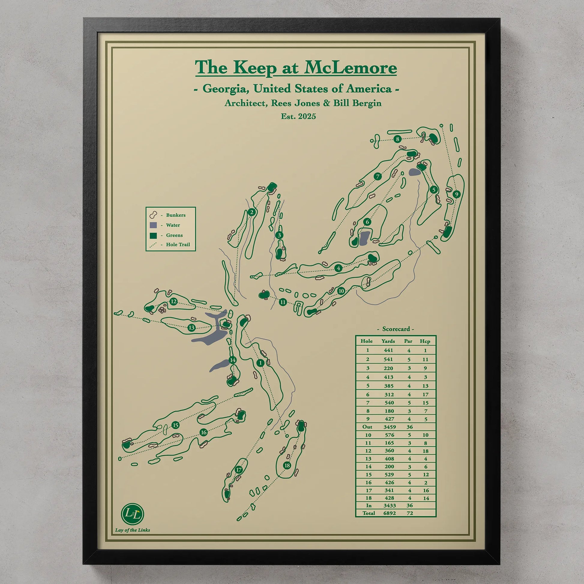 Framed golf course map of 'The Keep at McLemore' with green text on a beige background.