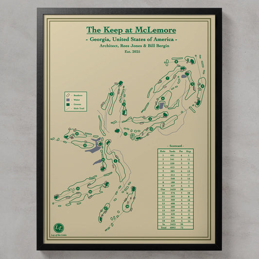 Framed golf course map of 'The Keep at McLemore' with green text on a beige background.
