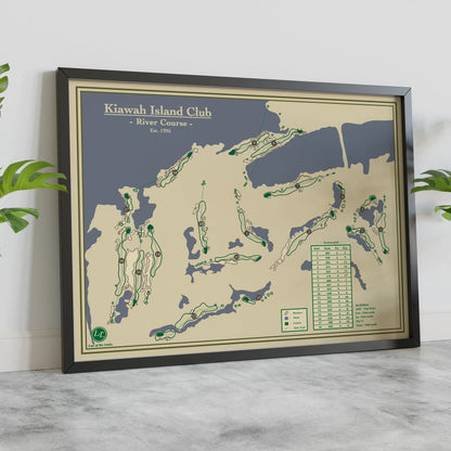 Framed Kiawah Island River Course map in a black wood frame showing the Tom Fazio design along the tidal marshes