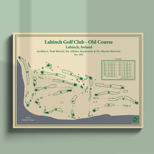 Blueprint map of Lahinch Old Course poster print showing the wild dunes and routing along the Atlantic Ocean.