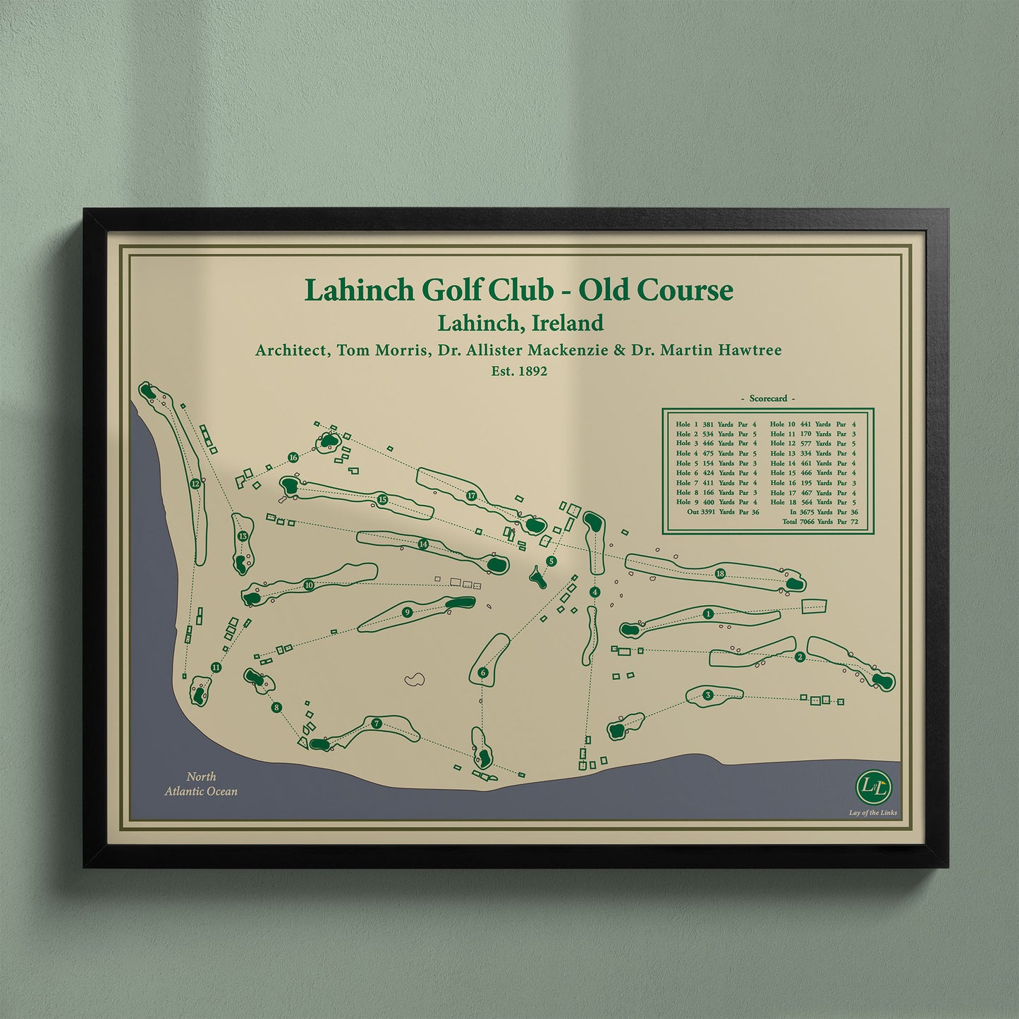 Framed Lahinch Old Course map in a black wood frame showing the Alister MacKenzie design and famous goats.