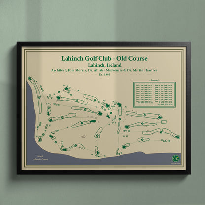 Framed Lahinch Old Course map in a black wood frame showing the Alister MacKenzie design and famous goats.