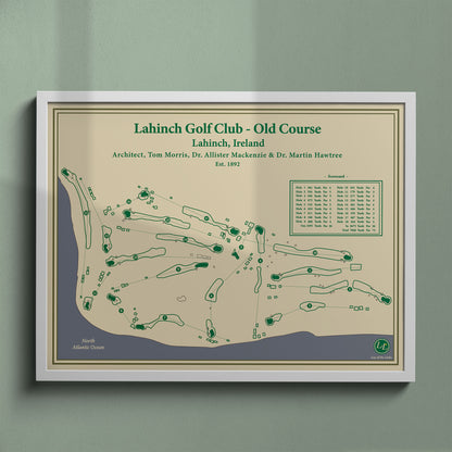 Lahinch Golf Club map print in a white frame, featuring the iconic "Klondyke" and "Dell" holes in County Clare.