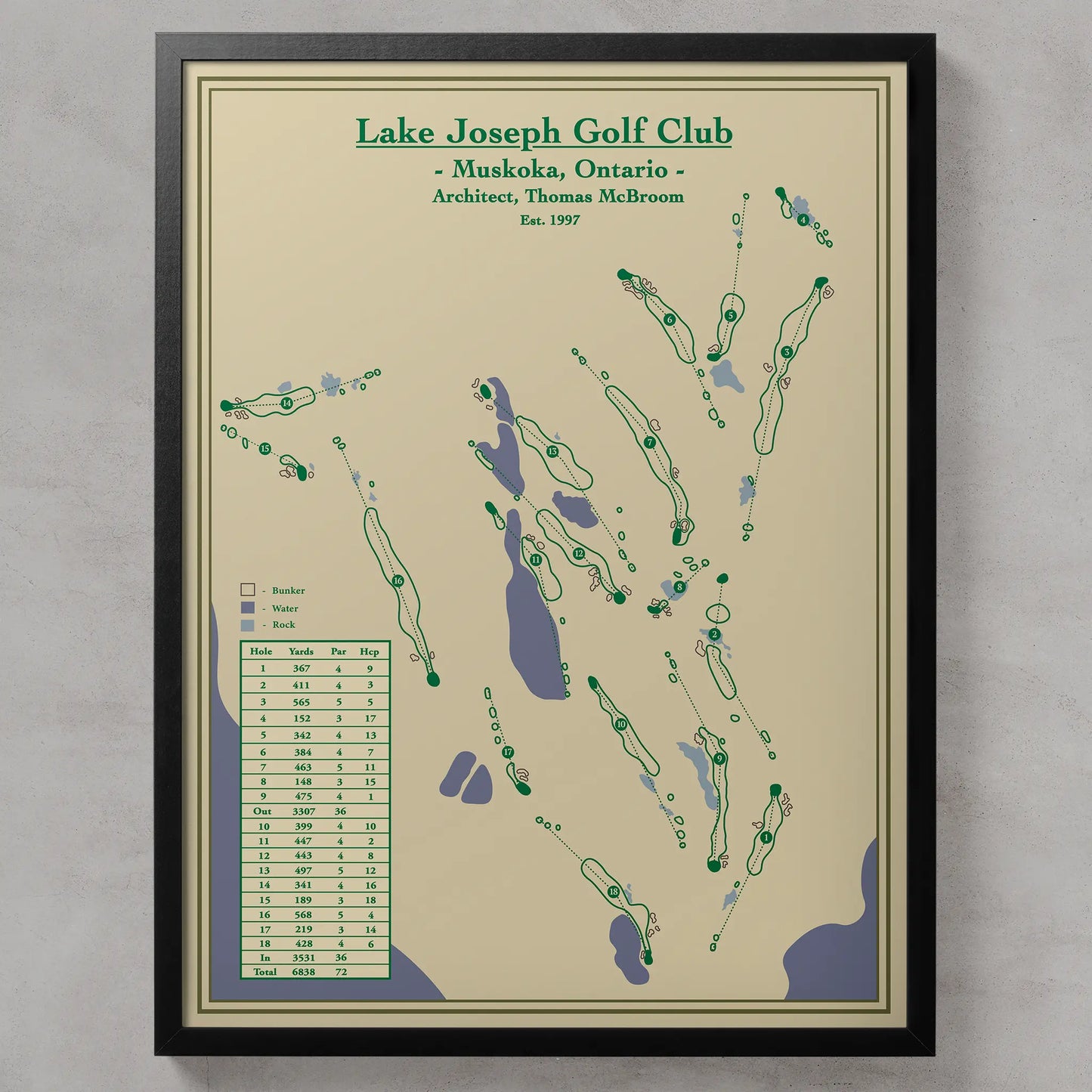 Framed Course map of Lake Joseph Golf Club 