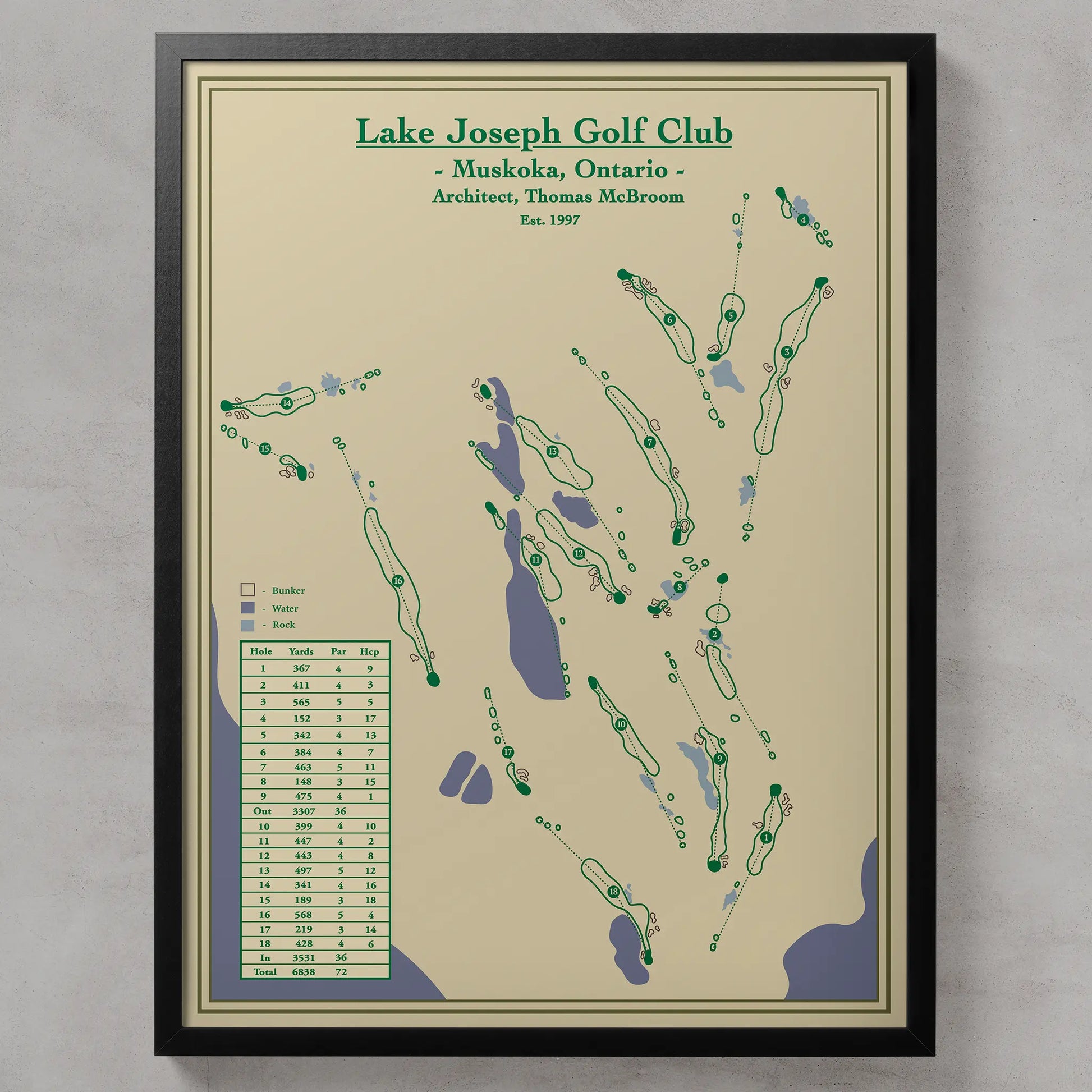 Framed Course map of Lake Joseph Golf Club 
