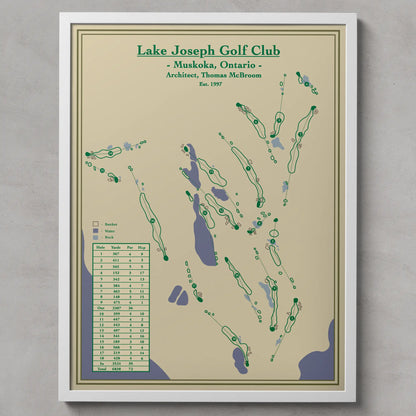Framed map of Lake Joseph Golf Club in Muskoka, Ontario on a beige background